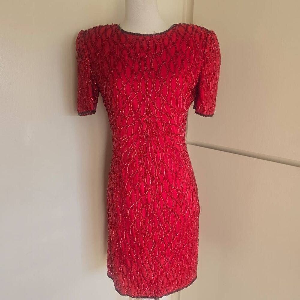 Laurence Kazar VTG Red Sequin Silk Lined Cocktail Dress Knee Length, Sz. S, EUC